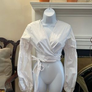 Fancy Puff Sleeve Wrap Shirt in White Color